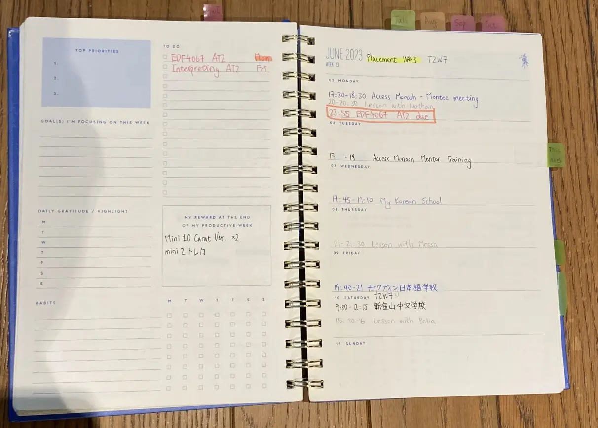 Physical diary with a weekly activities